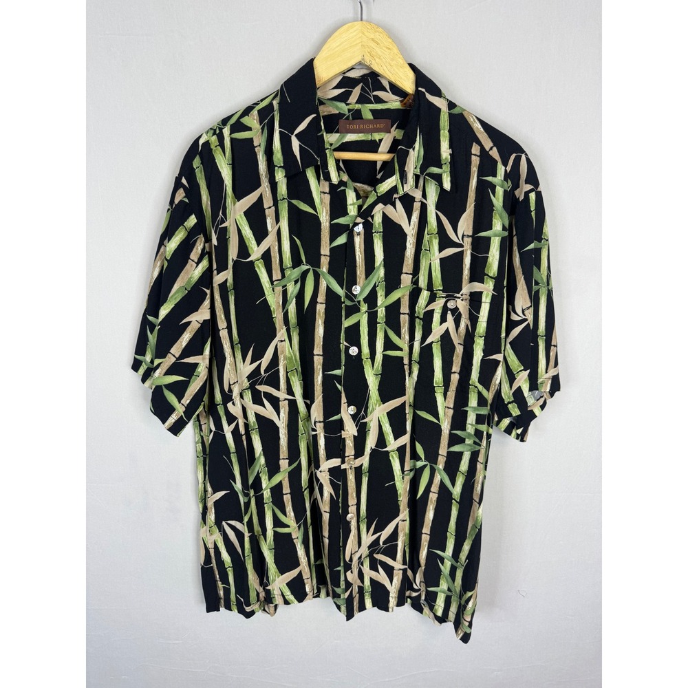 Tori Richard Mens L Hawaiian Shirt Black Bamboo Print Viscose Short Sleeve Camp